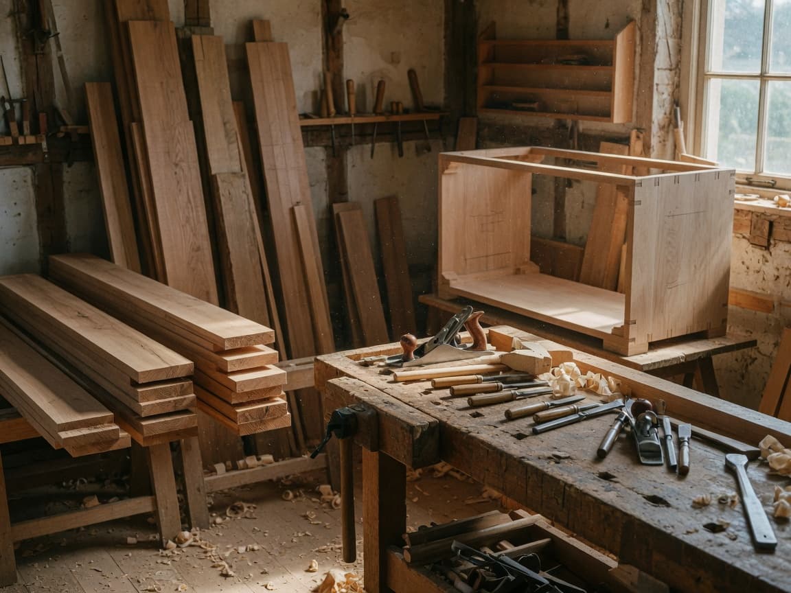 Madera de roble, herramientas de mano y un mueble sin terminar en el taller