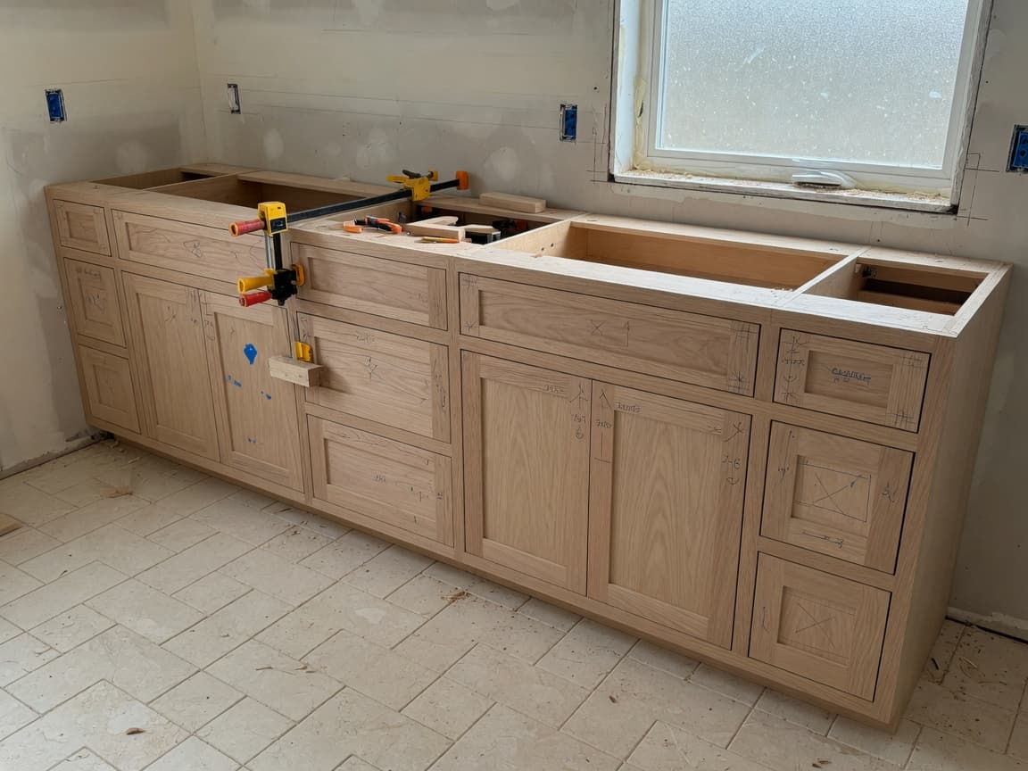Mueble lavabo de roble sin terminar durante la fabricación