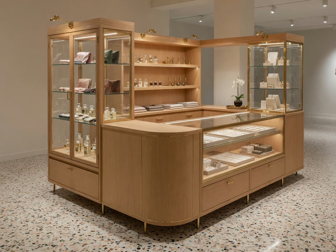 Isla comercial de vidrio y roble natural en una boutique