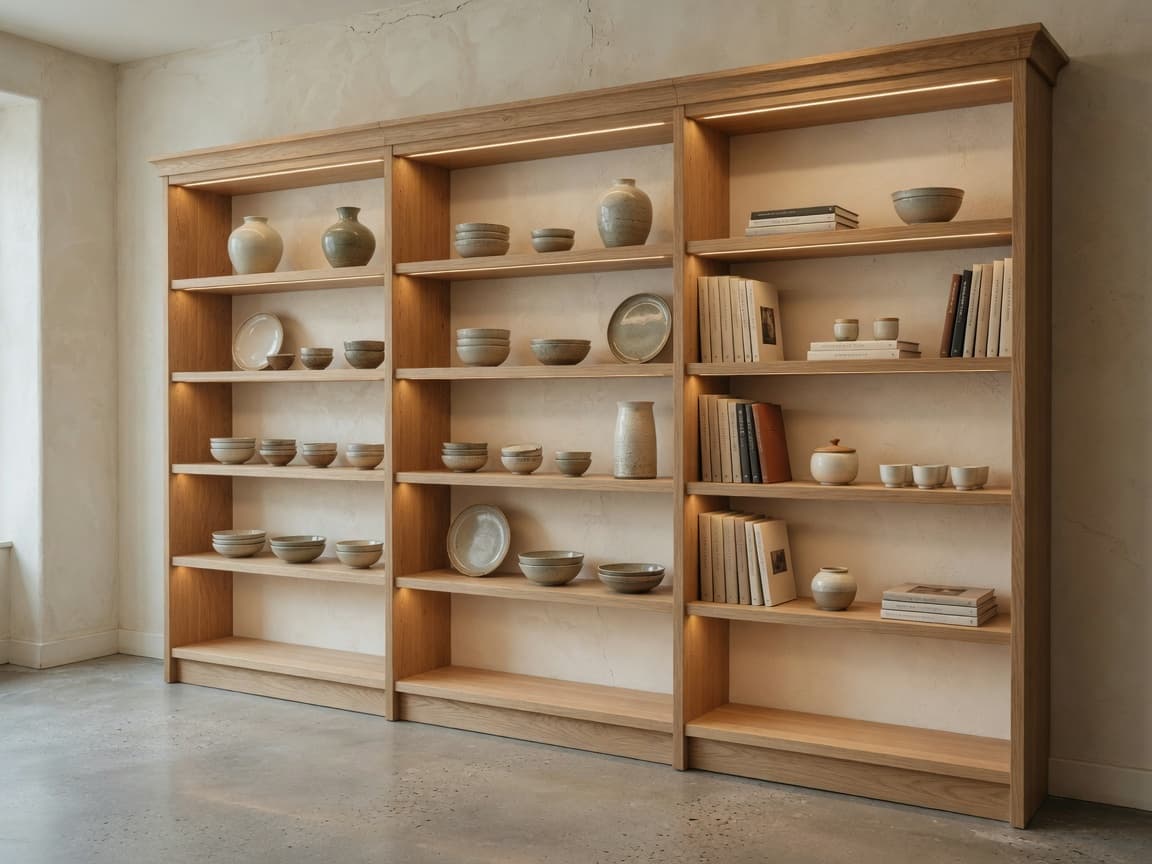 Estantería retail de roble natural de suelo a techo fijada a la pared