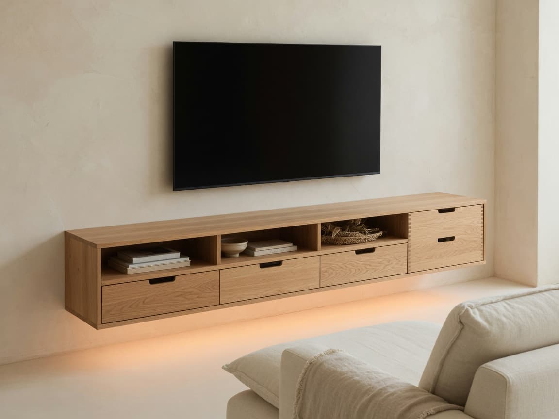Mueble de TV flotante en roble natural sobre un muro de yeso