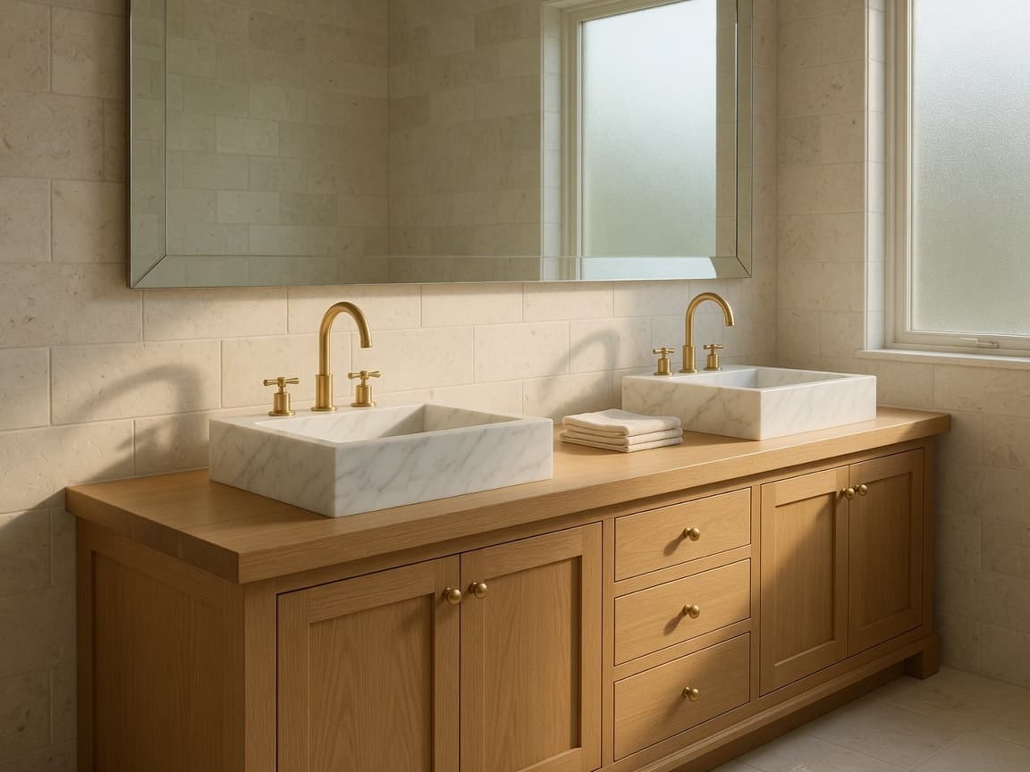 Mueble lavabo doble de roble integrado con lavabos de mármol